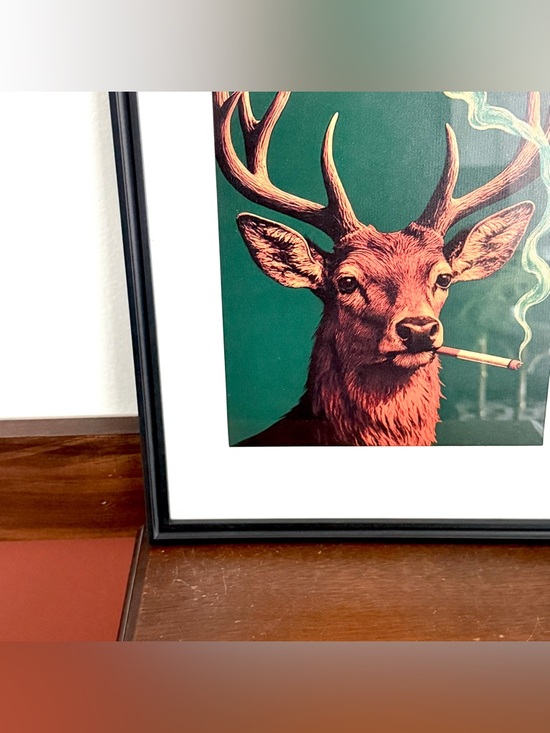 deer smoking a cigarette Buck Smoking a Cigarette Vintage Style Canvas Print Wall Art Framed Deer  12x15”